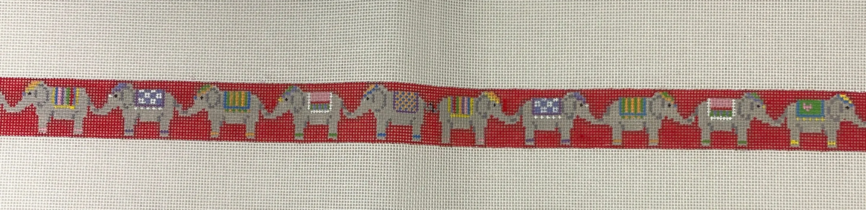 * Susan Roberts Needlepoint 3569 Elephant Parade on Red Belt- 18m