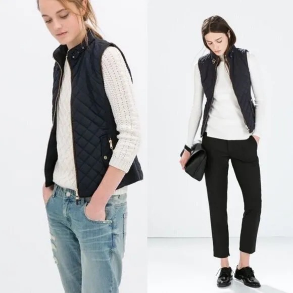 🦋 ZARA Navy Blue Puffer Quilted Zip Up Vest Small