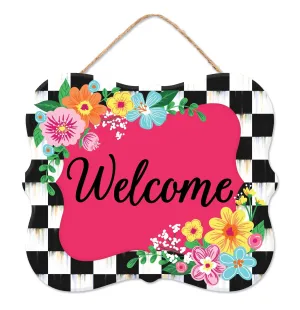 10.5"L Floral Welcome Checker Border Sign - AP739911