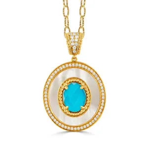 18K Yellow Gold Diamond White Mother of Pearl with Turquoise Pendant