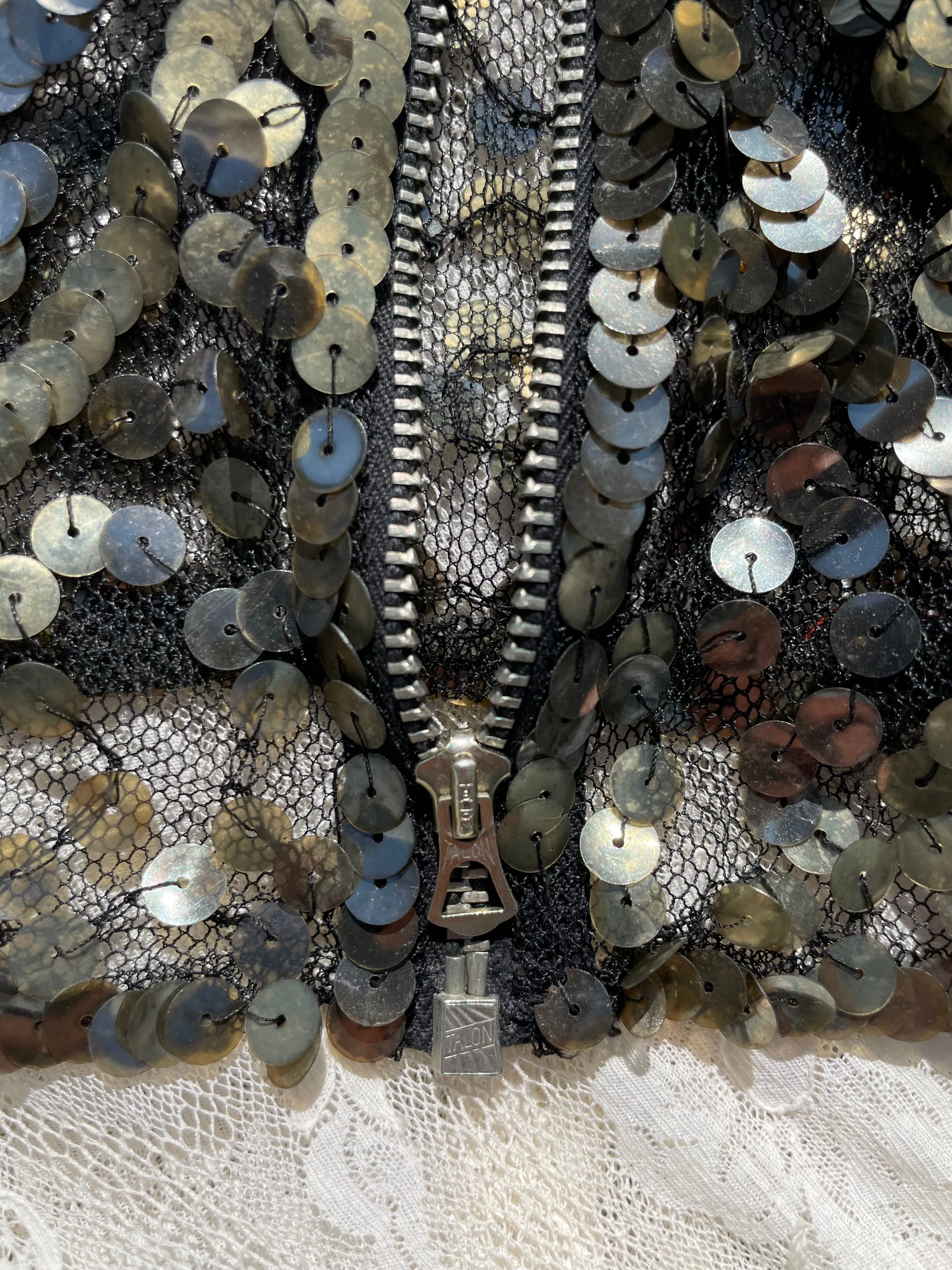 1930s Sequin Zip Front Mesh Blouse