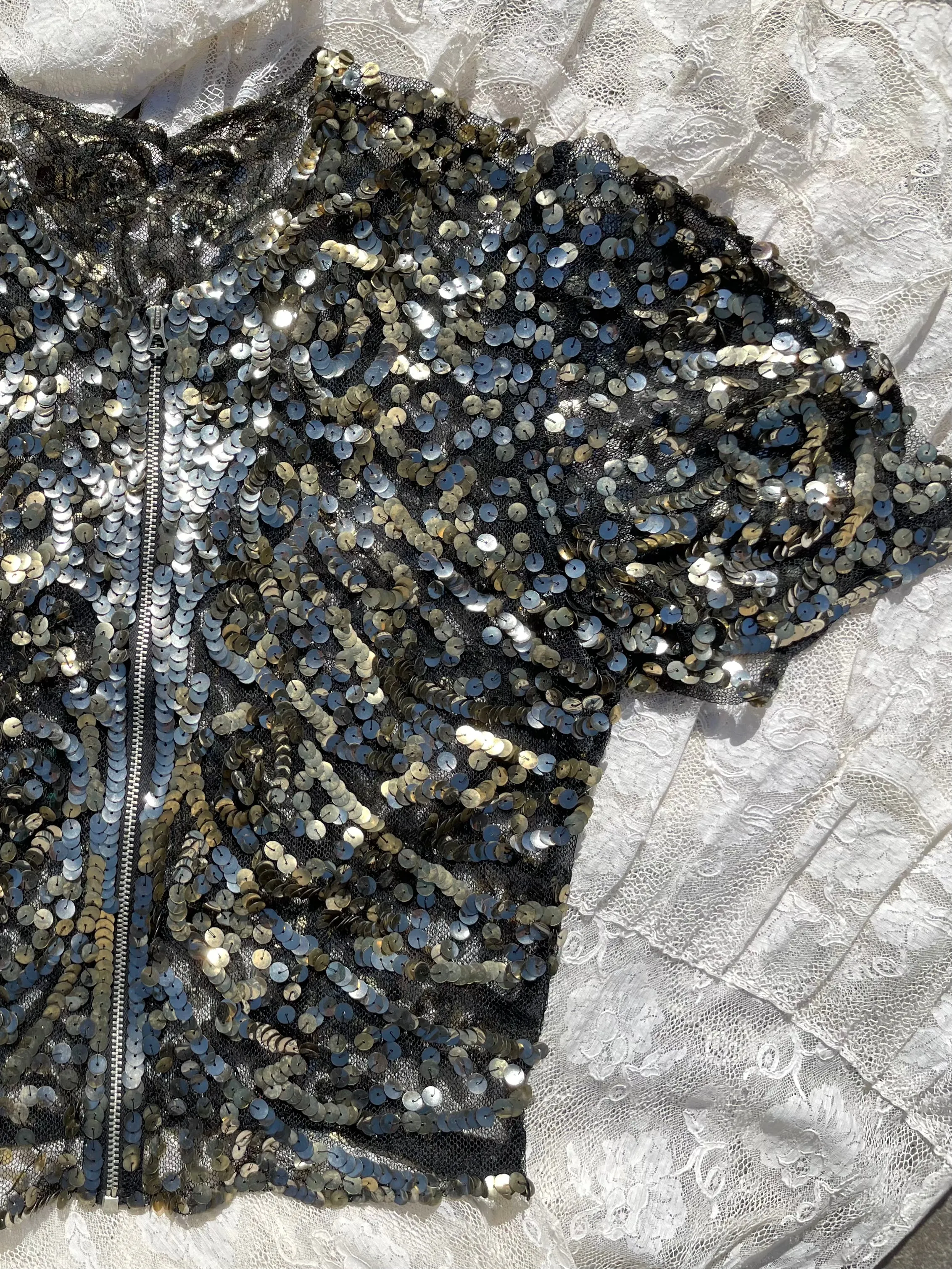 1930s Sequin Zip Front Mesh Blouse