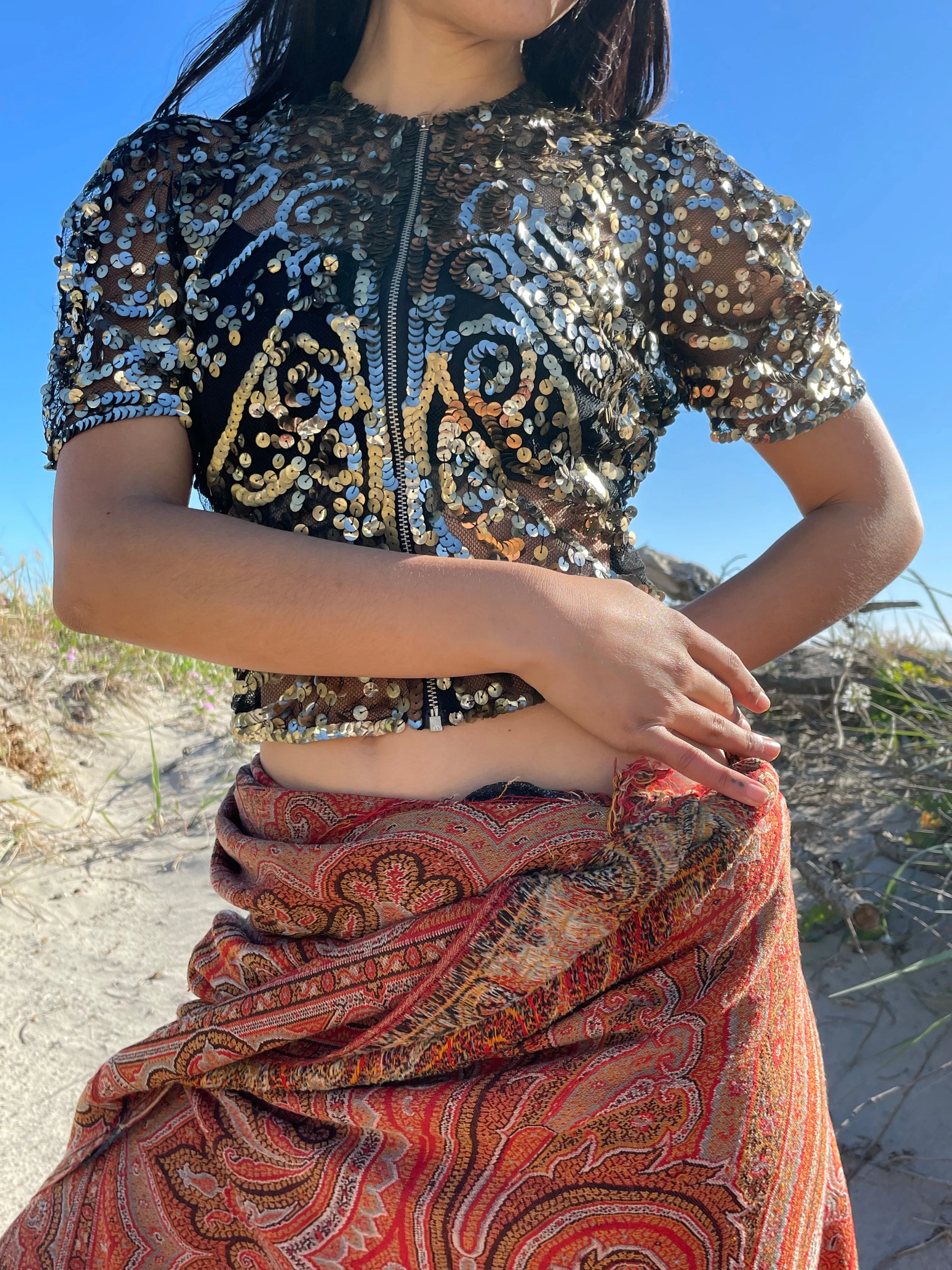 1930s Sequin Zip Front Mesh Blouse