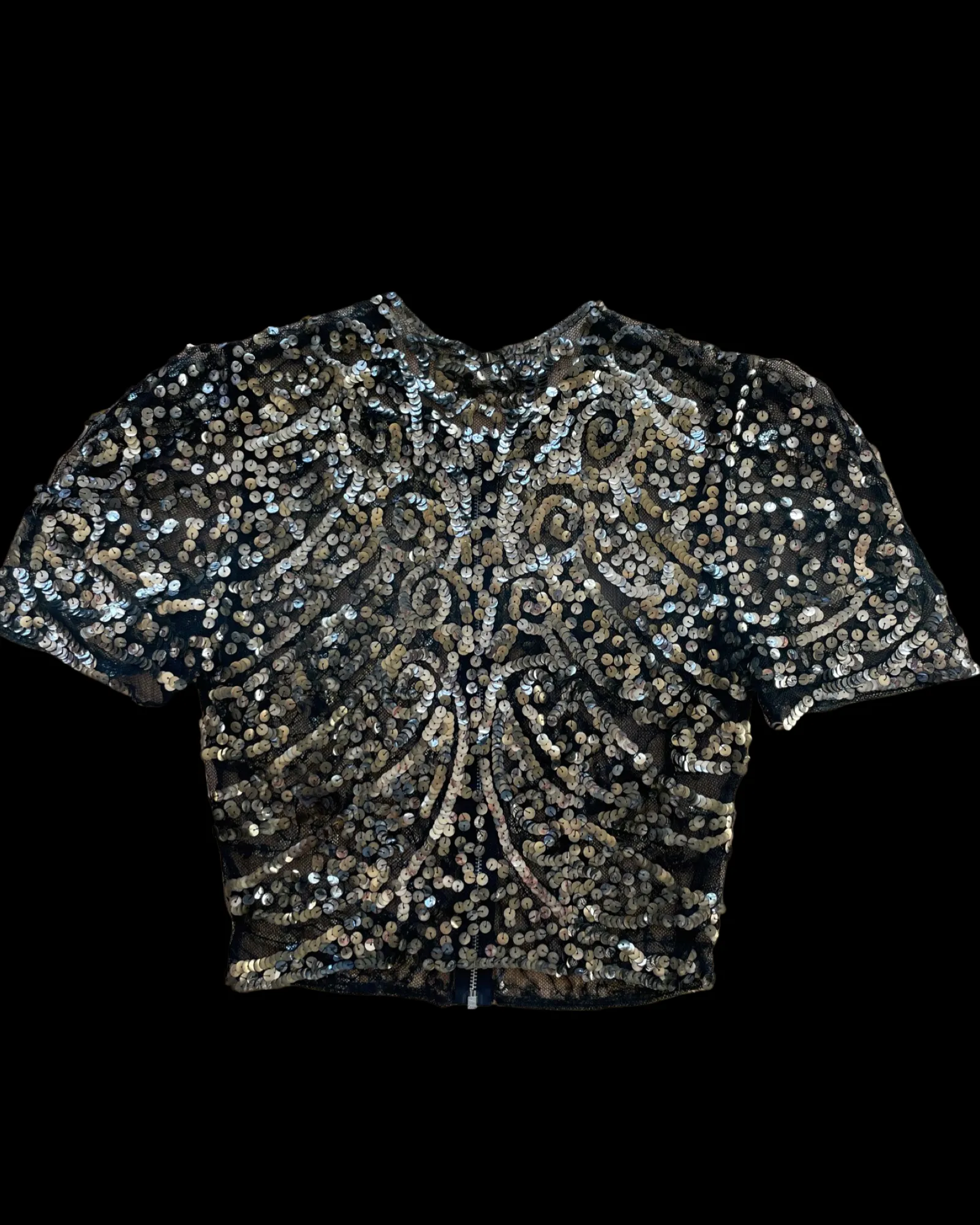 1930s Sequin Zip Front Mesh Blouse