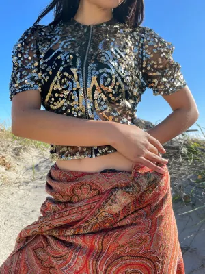 1930s Sequin Zip Front Mesh Blouse