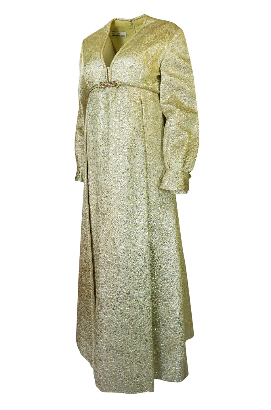 1960s Malcolm Starr Green & Gold Metallic Brocade Maxi Dress