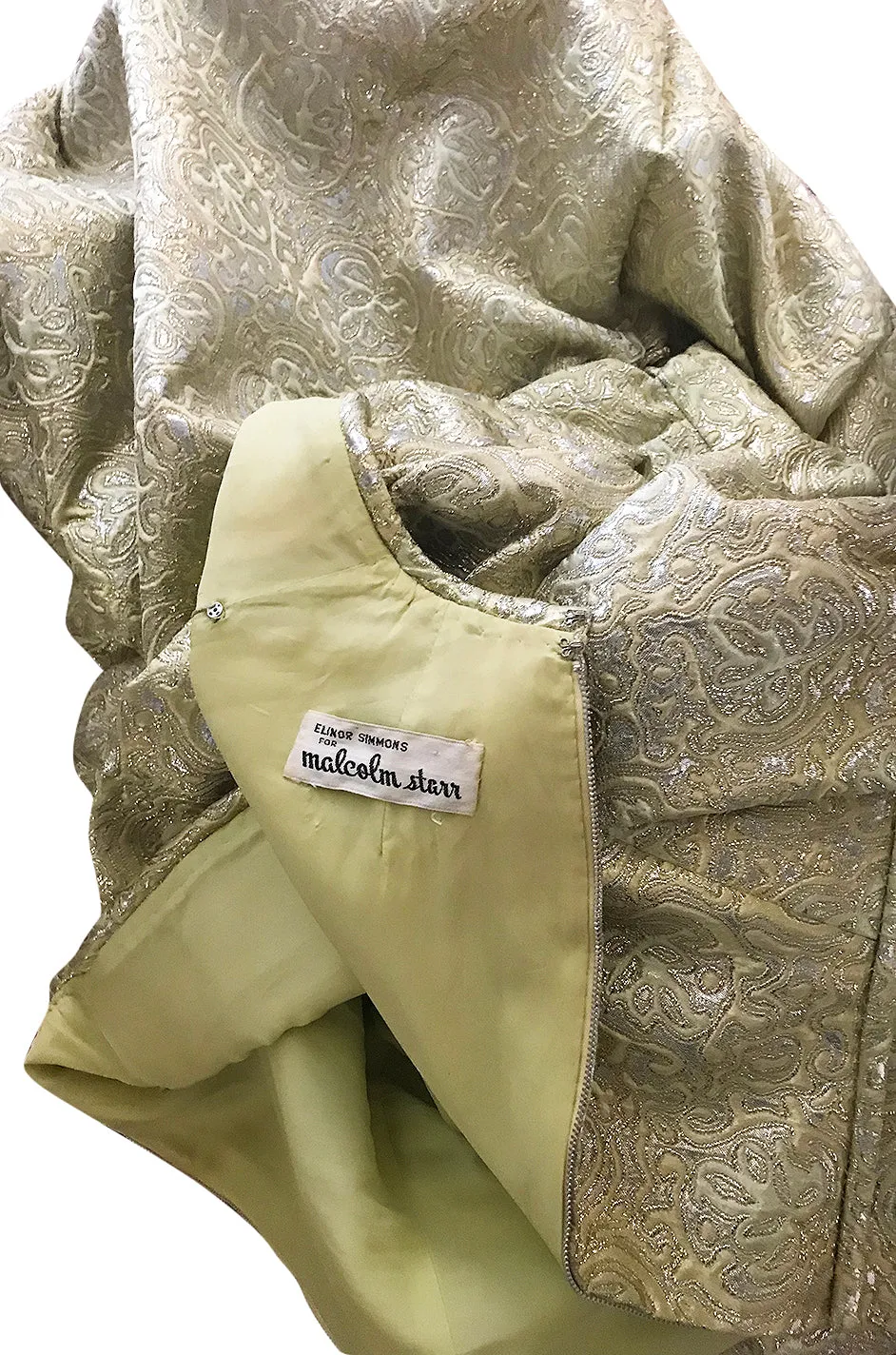 1960s Malcolm Starr Green & Gold Metallic Brocade Maxi Dress