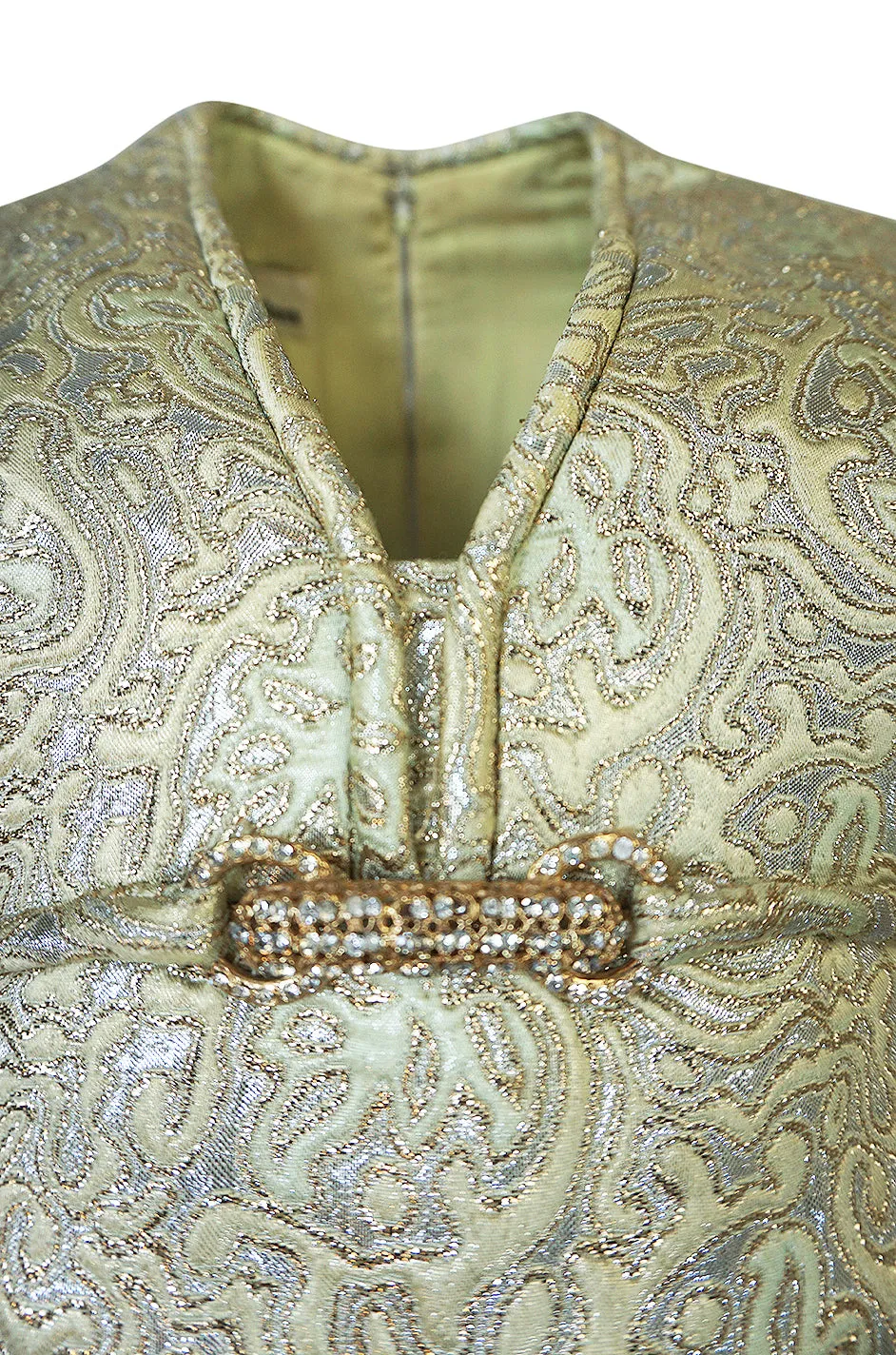 1960s Malcolm Starr Green & Gold Metallic Brocade Maxi Dress