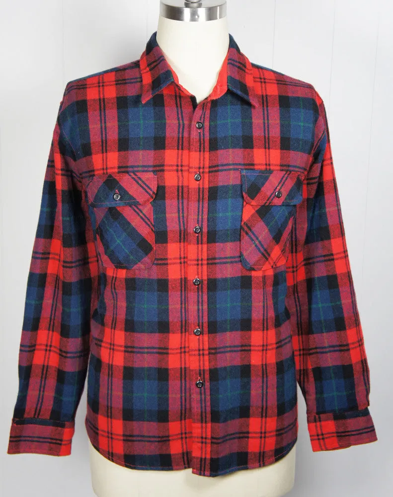 1980's Red, Blue & Black Striped Plaid Fieldmaster Flannel Shirt - Size XXL