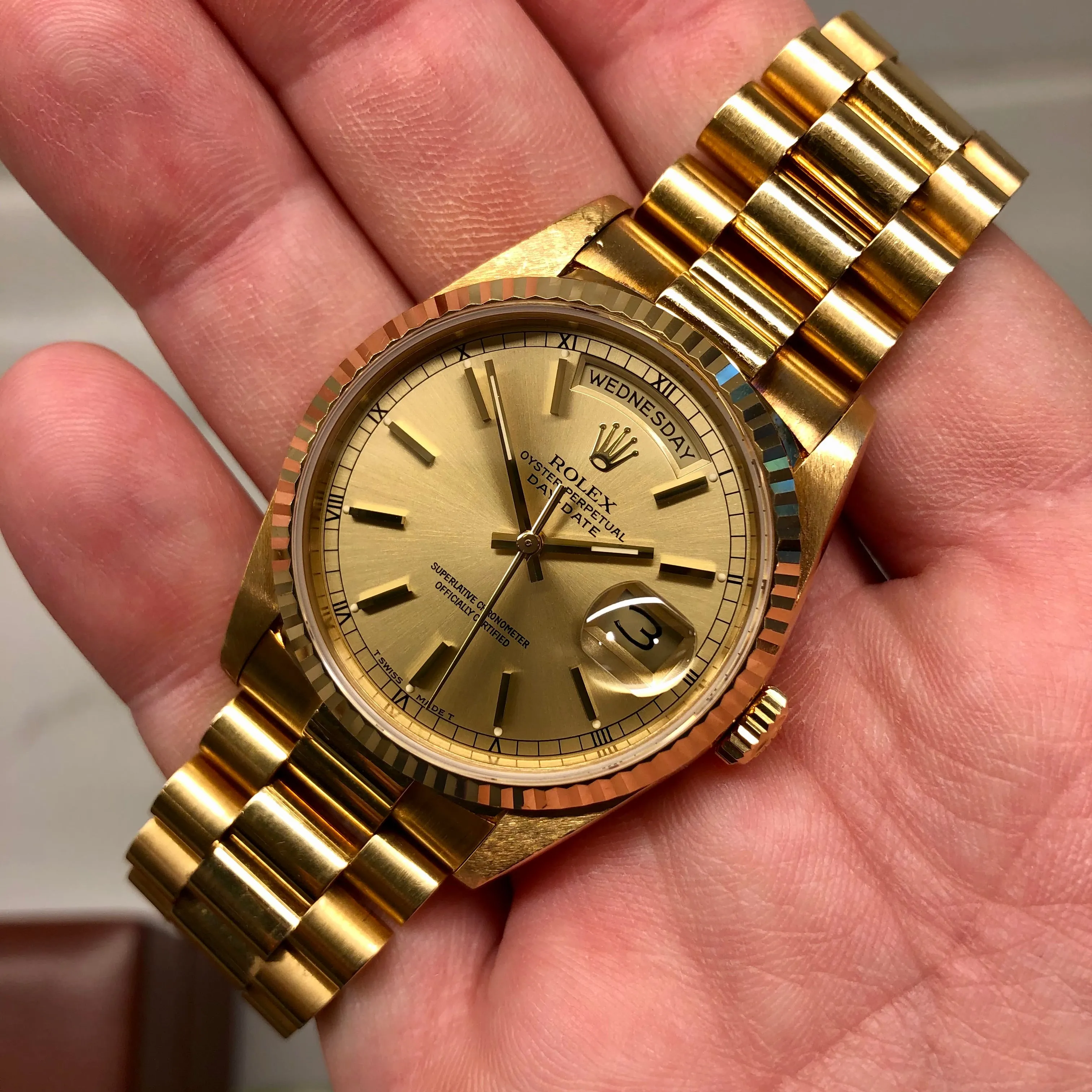 1989 Rolex President 18238 Day Date 18K Yellow Gold Champagne Dial Wristwatch with Box and Papers GREAT Story