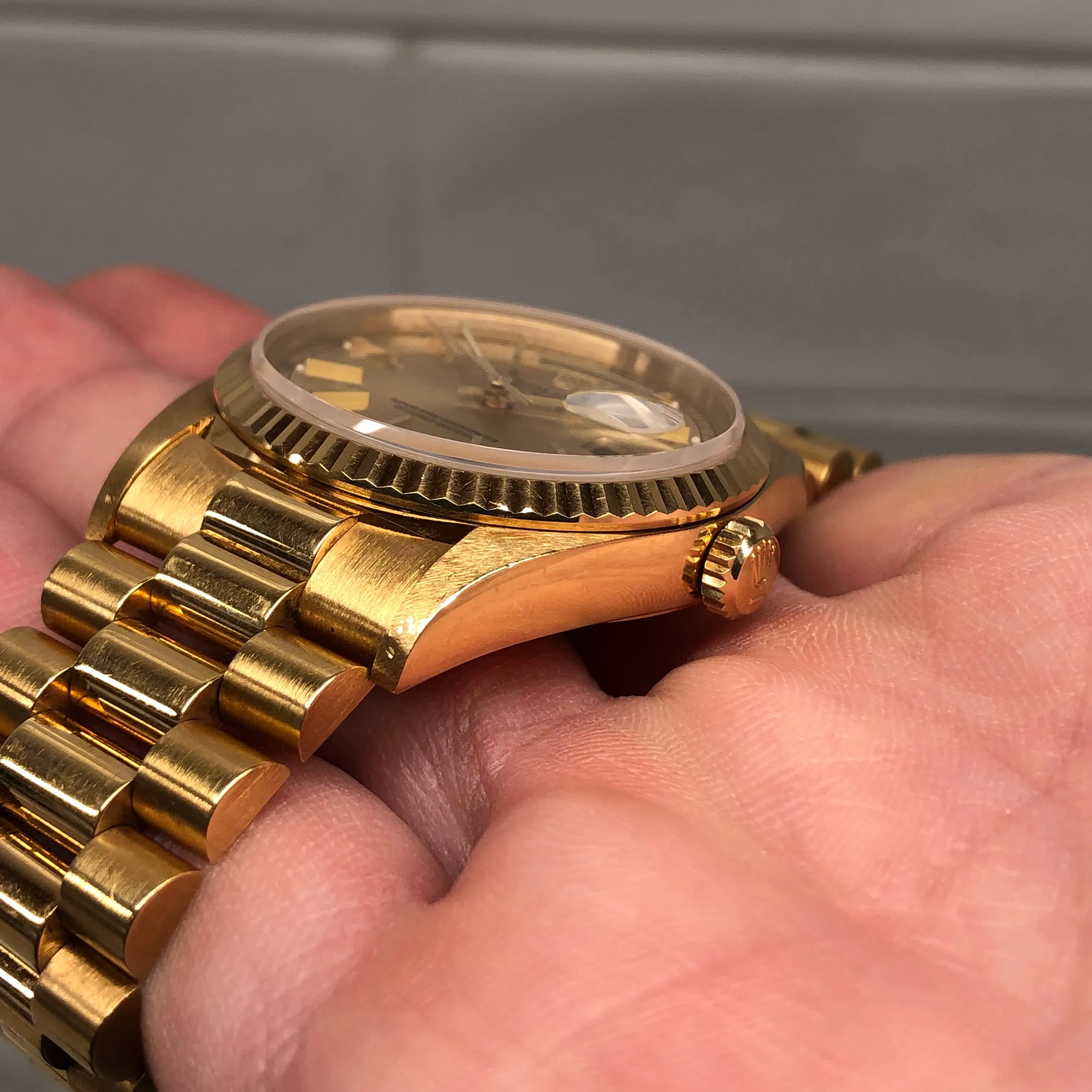 1989 Rolex President 18238 Day Date 18K Yellow Gold Champagne Dial Wristwatch with Box and Papers GREAT Story