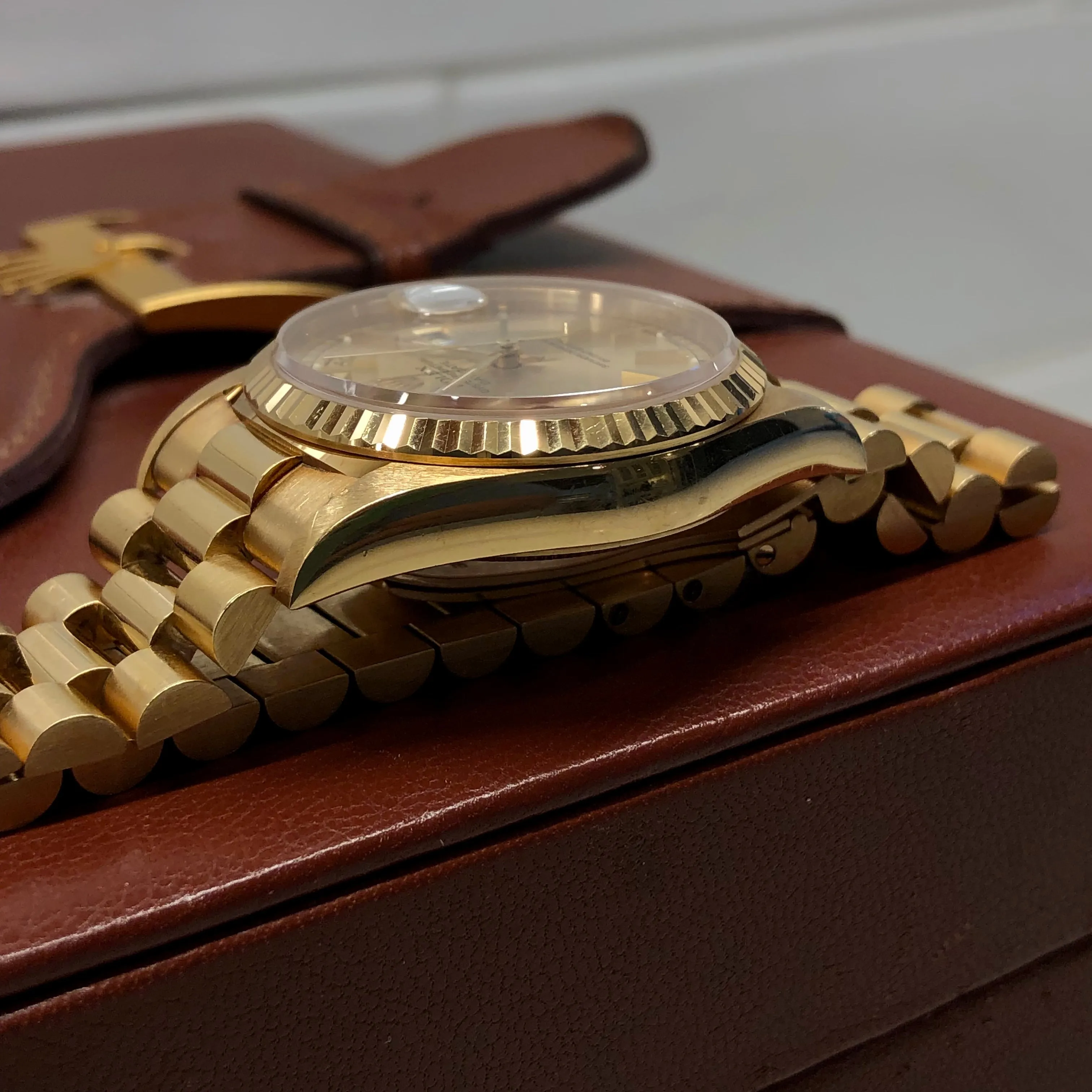 1989 Rolex President 18238 Day Date 18K Yellow Gold Champagne Dial Wristwatch with Box and Papers GREAT Story