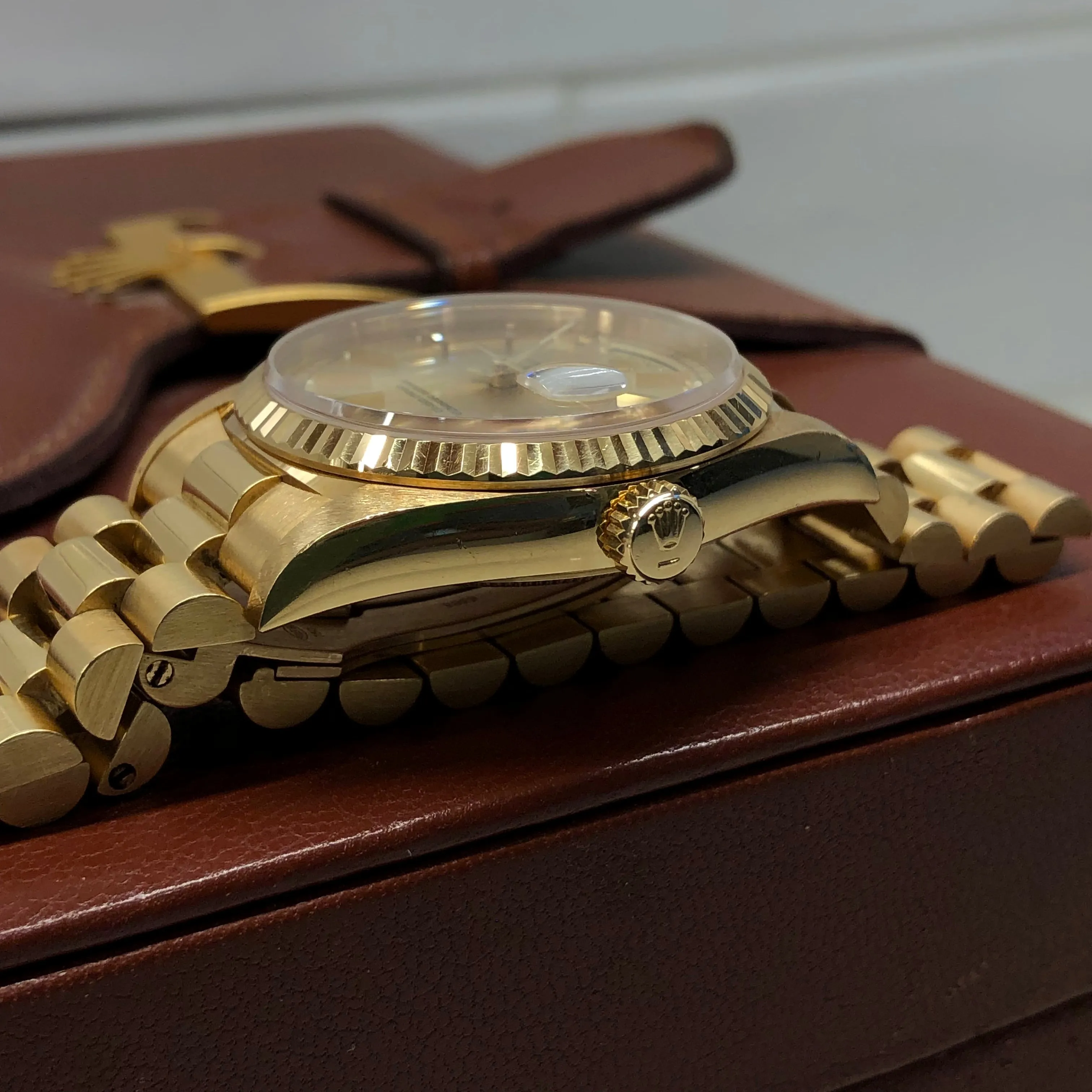 1989 Rolex President 18238 Day Date 18K Yellow Gold Champagne Dial Wristwatch with Box and Papers GREAT Story