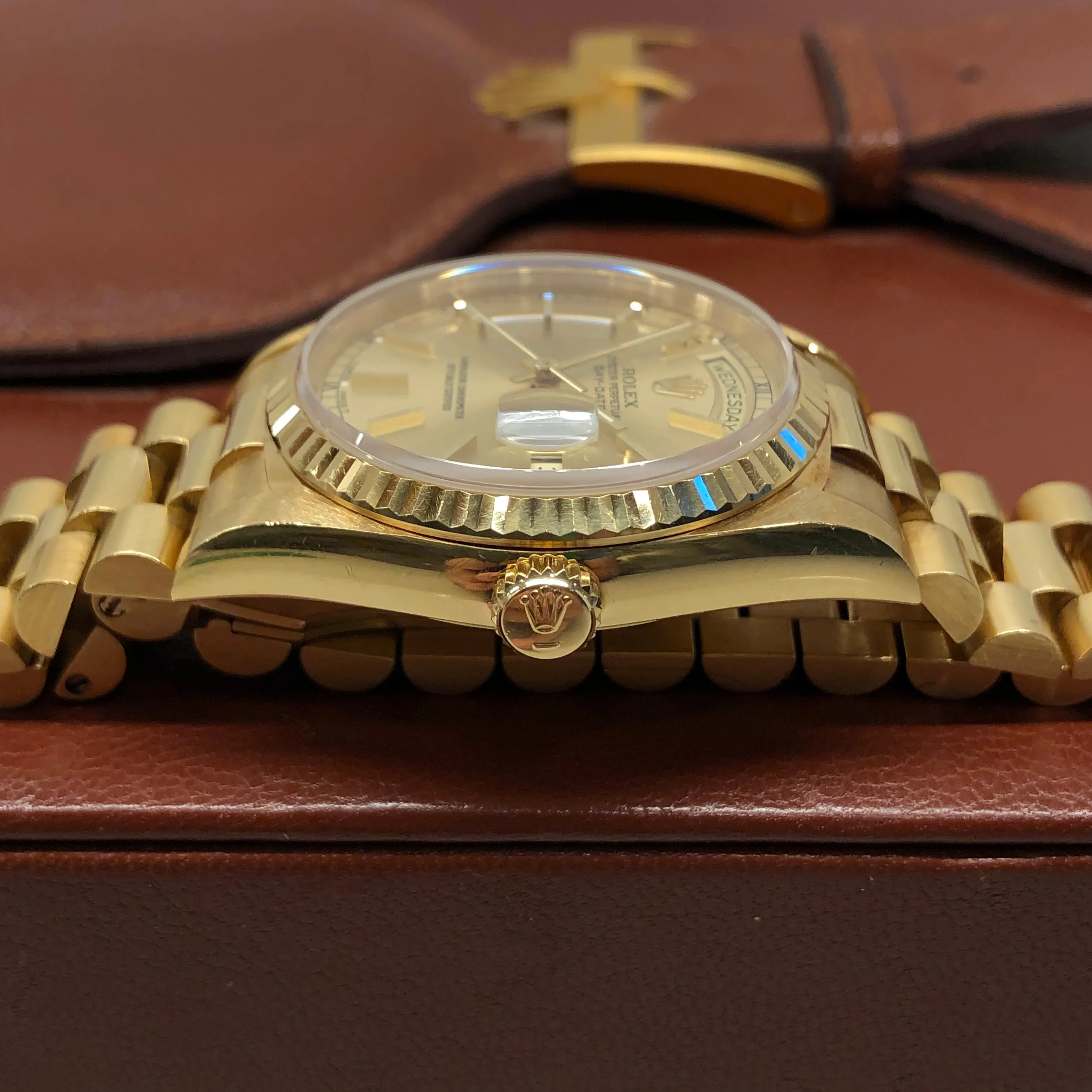 1989 Rolex President 18238 Day Date 18K Yellow Gold Champagne Dial Wristwatch with Box and Papers GREAT Story