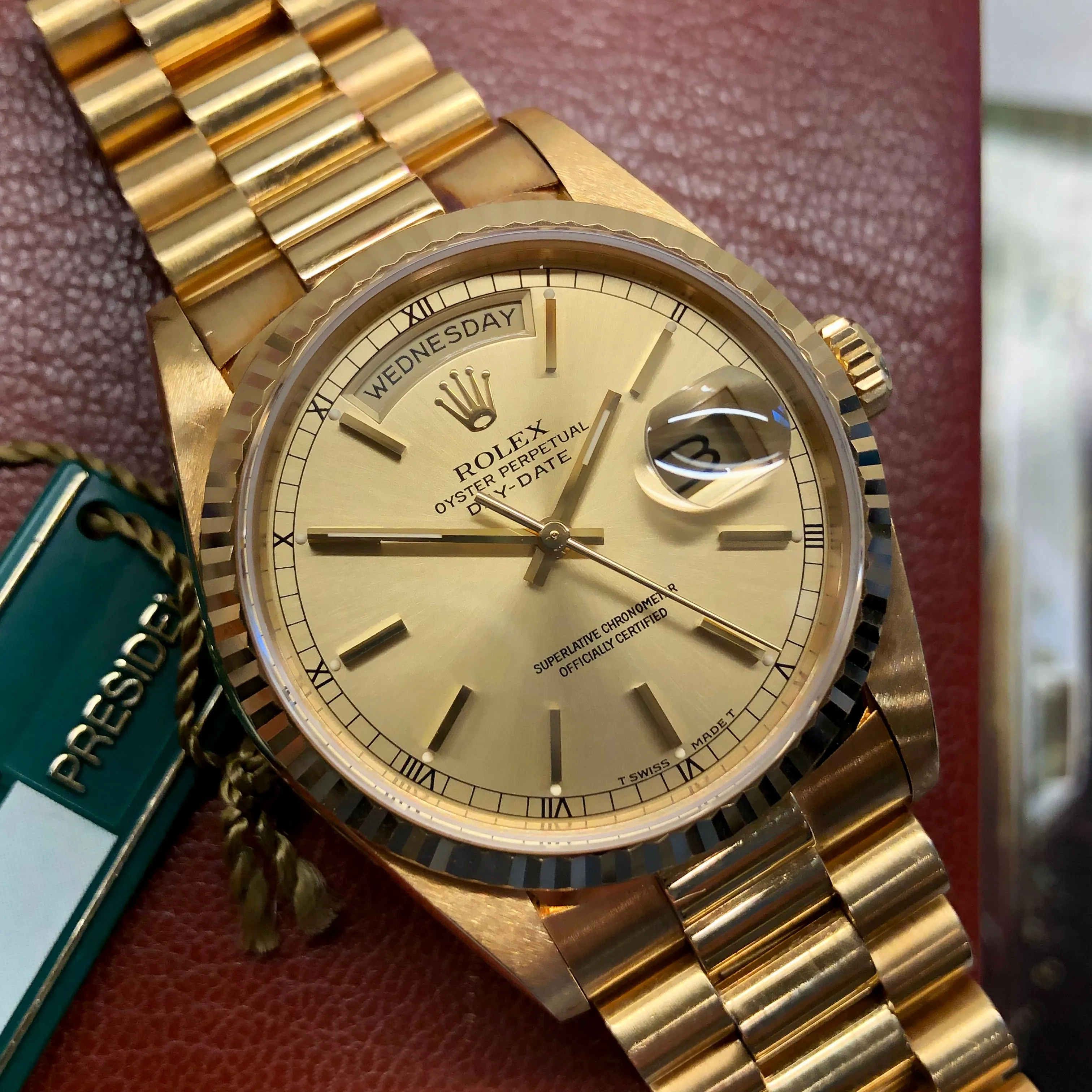 1989 Rolex President 18238 Day Date 18K Yellow Gold Champagne Dial Wristwatch with Box and Papers GREAT Story