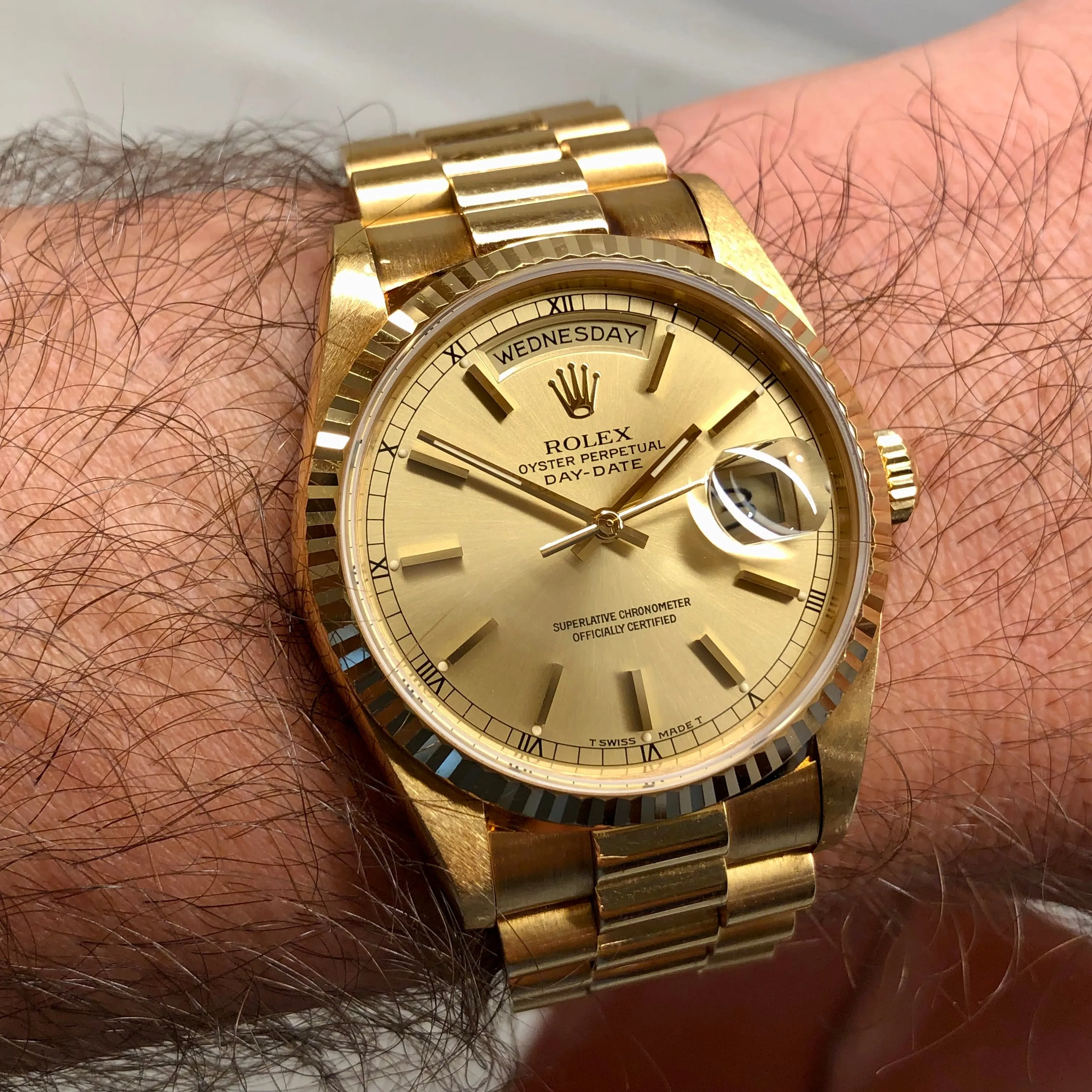 1989 Rolex President 18238 Day Date 18K Yellow Gold Champagne Dial Wristwatch with Box and Papers GREAT Story