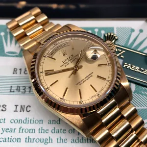 1989 Rolex President 18238 Day Date 18K Yellow Gold Champagne Dial Wristwatch with Box and Papers GREAT Story