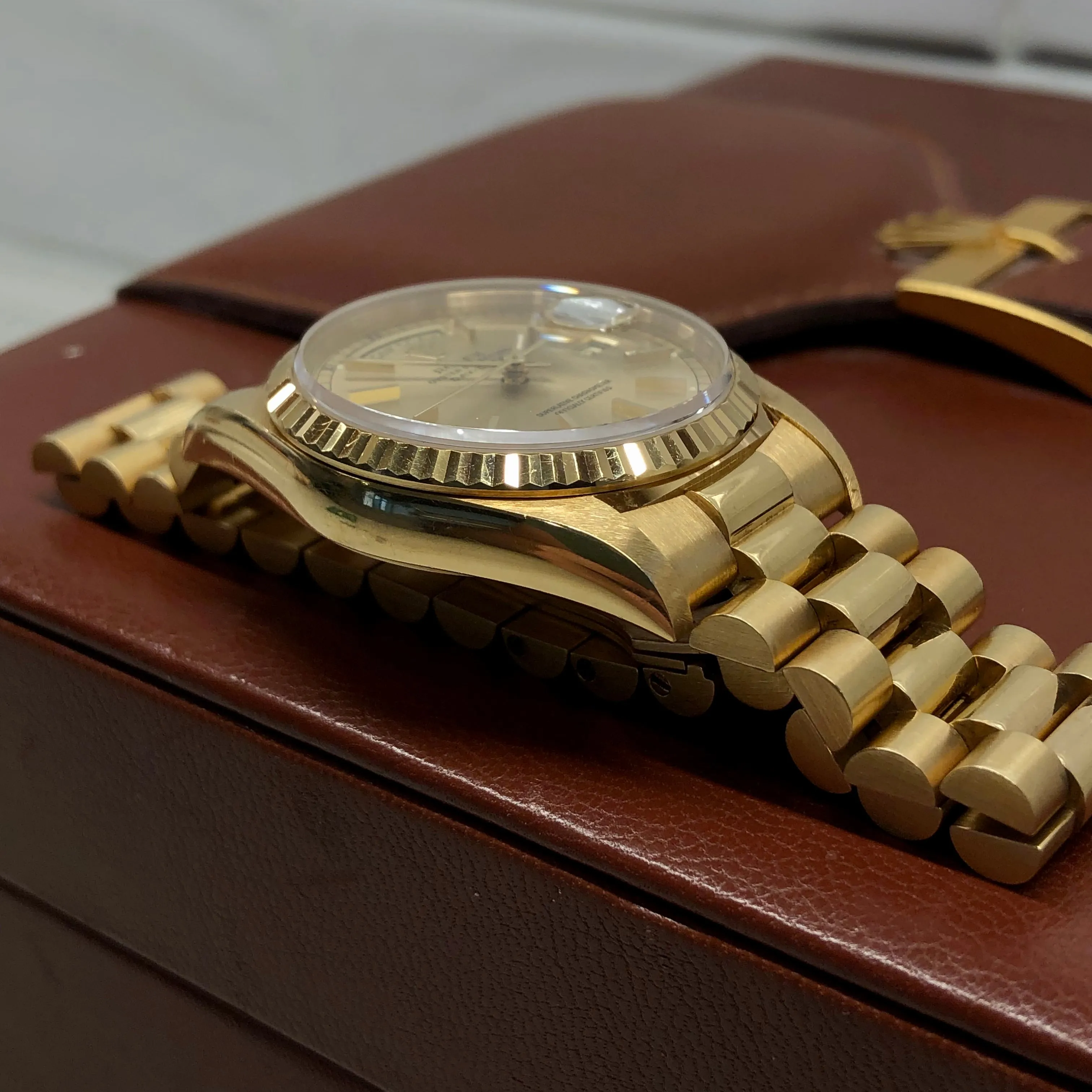 1989 Rolex President 18238 Day Date 18K Yellow Gold Champagne Dial Wristwatch with Box and Papers GREAT Story