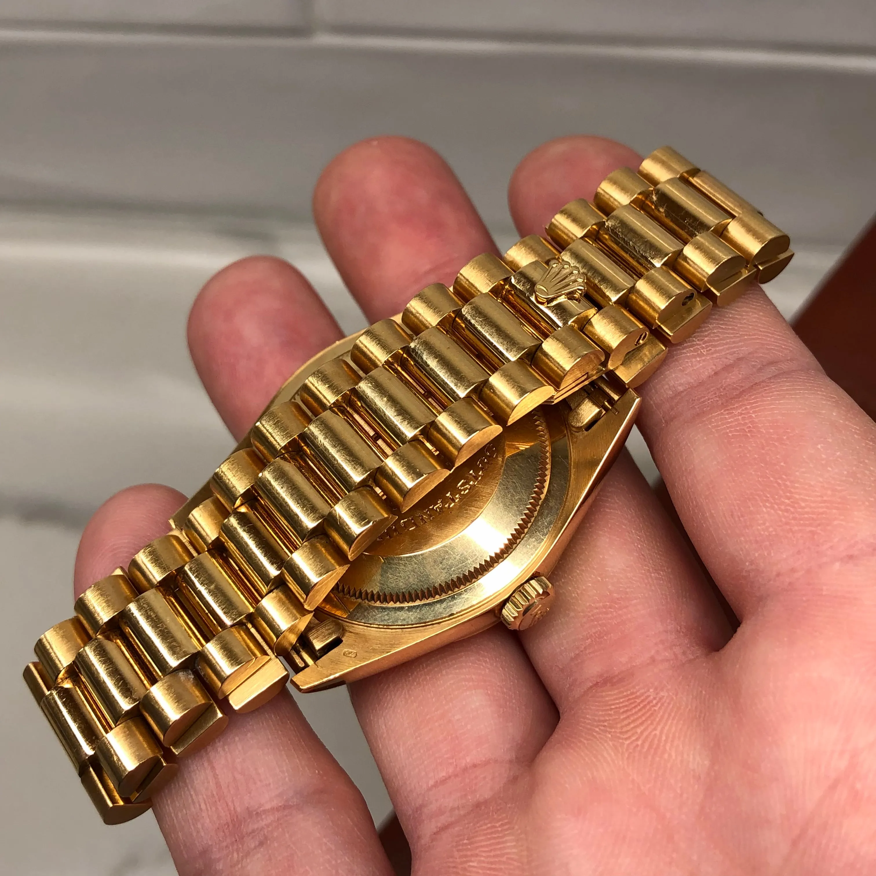 1989 Rolex President 18238 Day Date 18K Yellow Gold Champagne Dial Wristwatch with Box and Papers GREAT Story