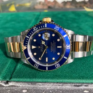 1995 Rolex Submariner Date 16613 Blue Two Tone Stainless Steel Gold Wristwatch Box Papers