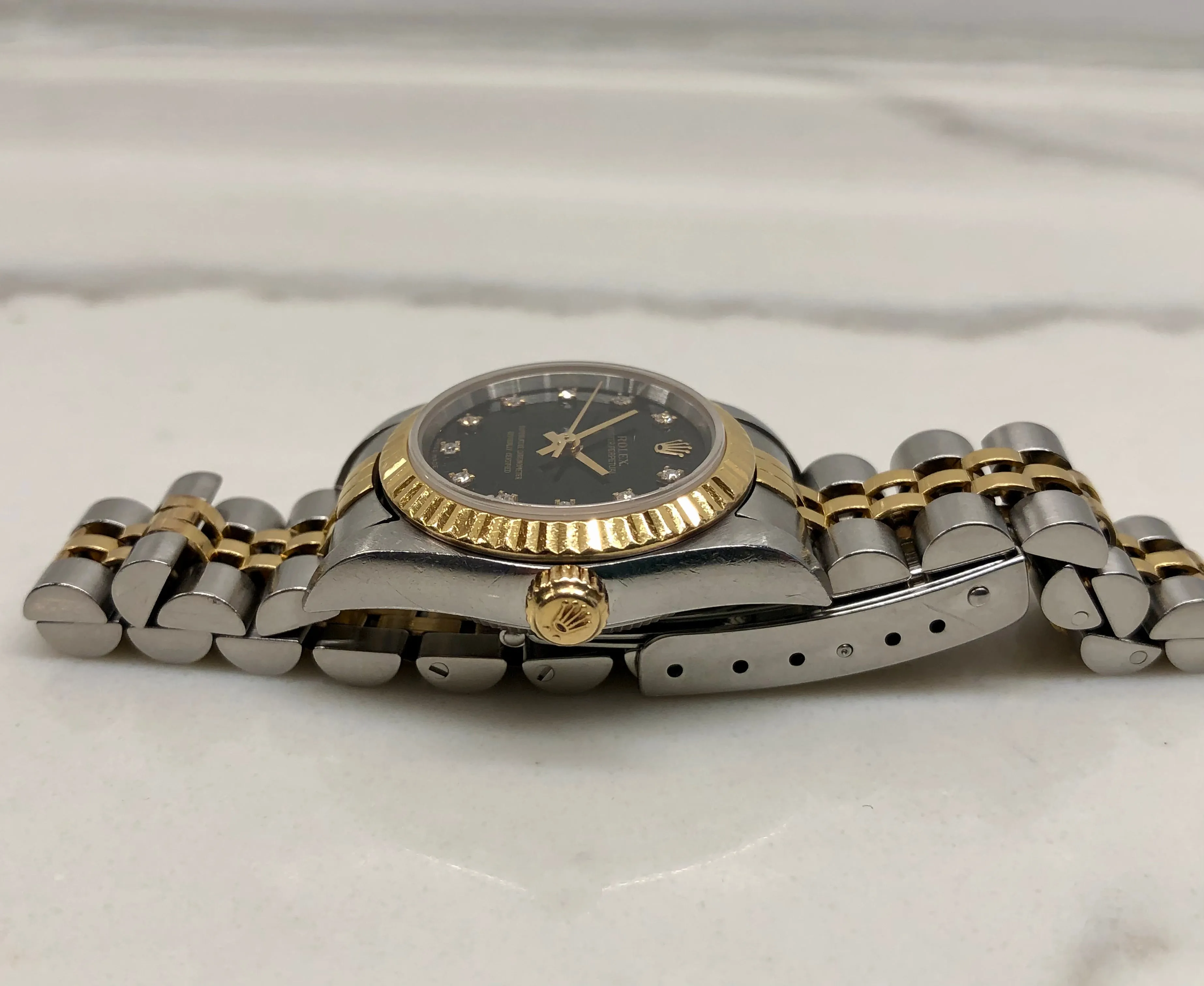 2002 Rolex Oyster Perpetual 76193 Ladies Two Tone Black Diamond Dial Jubilee No Holes Case Automatic Wristwatch