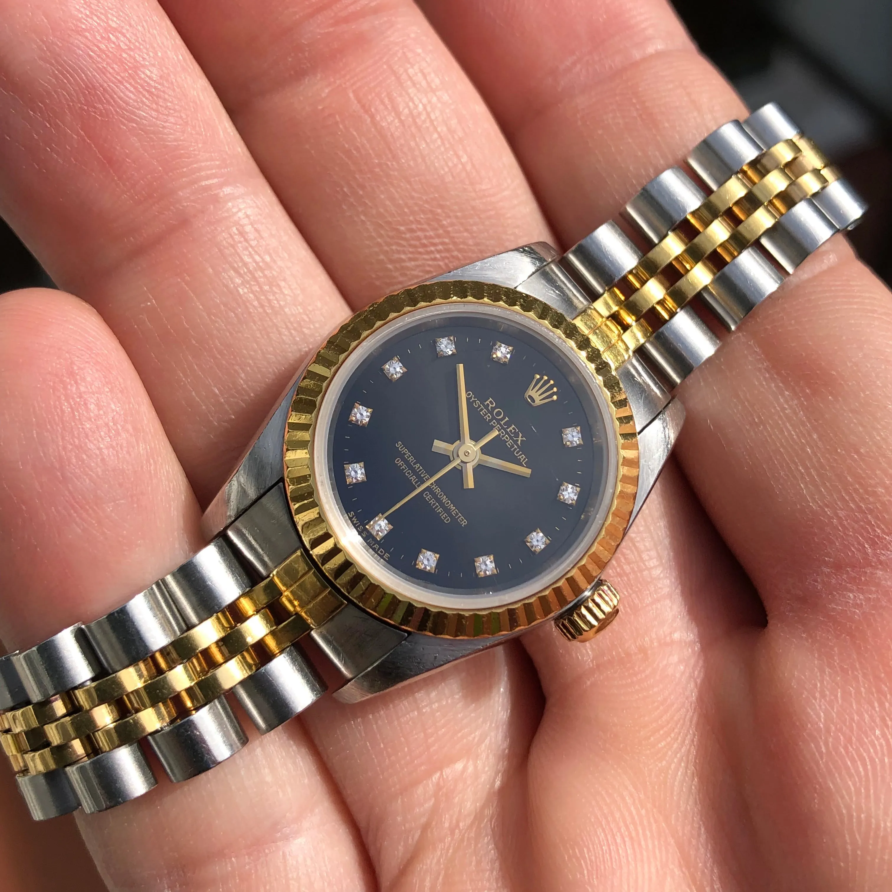 2002 Rolex Oyster Perpetual 76193 Ladies Two Tone Black Diamond Dial Jubilee No Holes Case Automatic Wristwatch