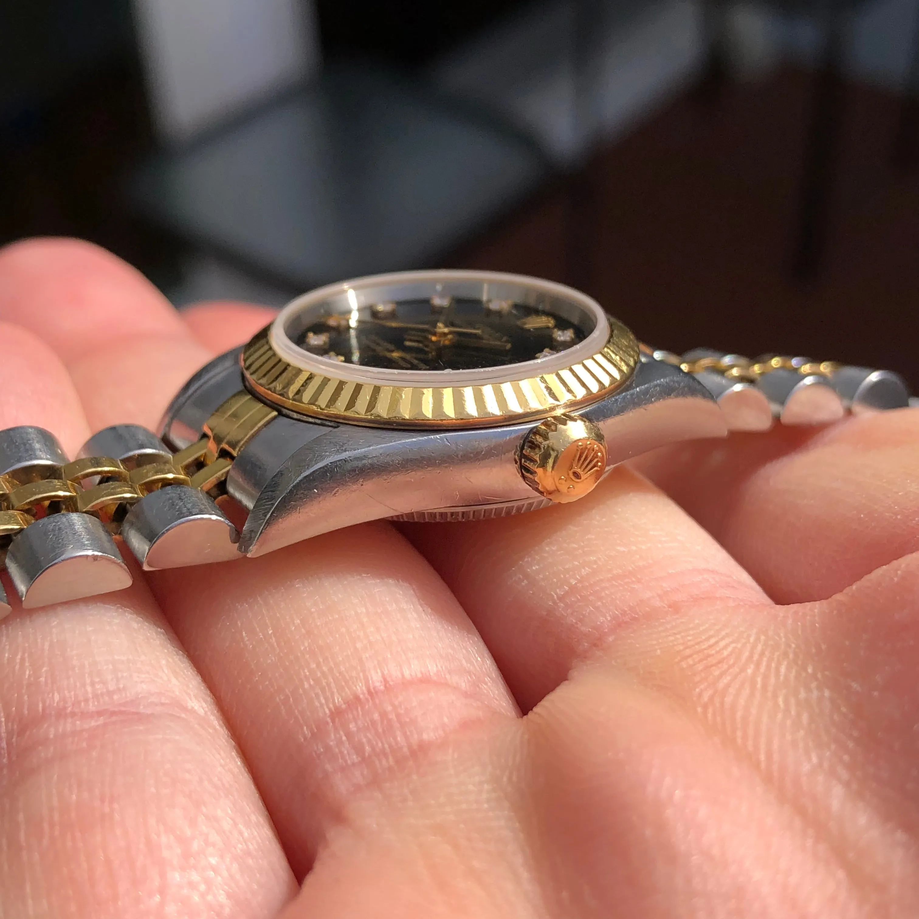 2002 Rolex Oyster Perpetual 76193 Ladies Two Tone Black Diamond Dial Jubilee No Holes Case Automatic Wristwatch