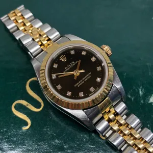 2002 Rolex Oyster Perpetual 76193 Ladies Two Tone Black Diamond Dial Jubilee No Holes Case Automatic Wristwatch