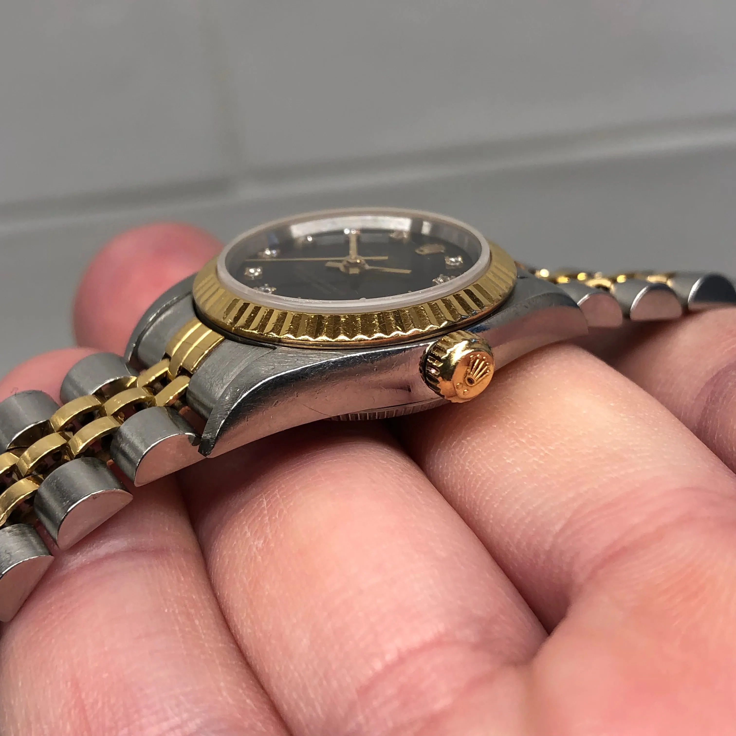 2002 Rolex Oyster Perpetual 76193 Ladies Two Tone Black Diamond Dial Jubilee No Holes Case Automatic Wristwatch