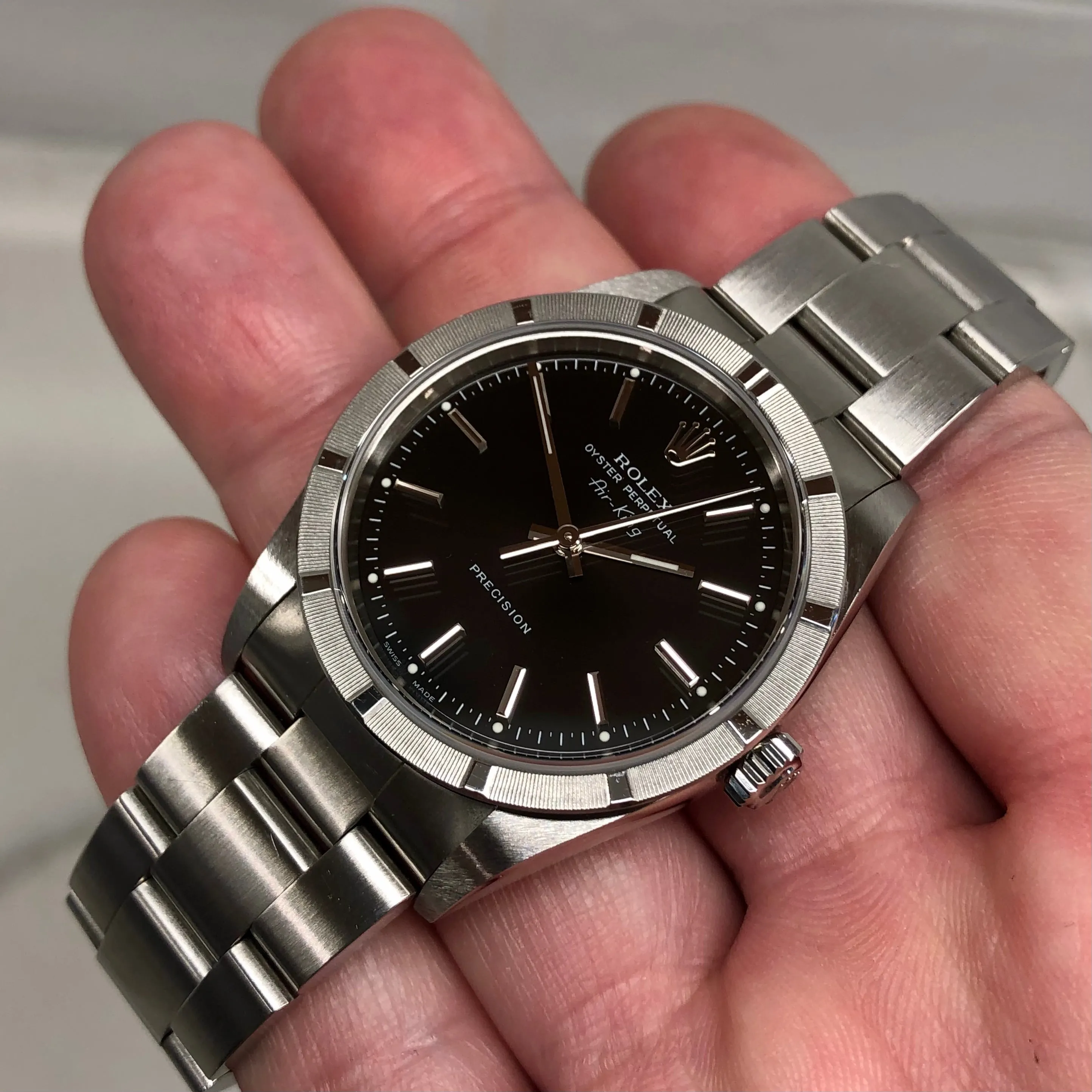 2004 Rolex Air King 14010M Black Dial Oyster Engine Turned Automatic Wristwatch
