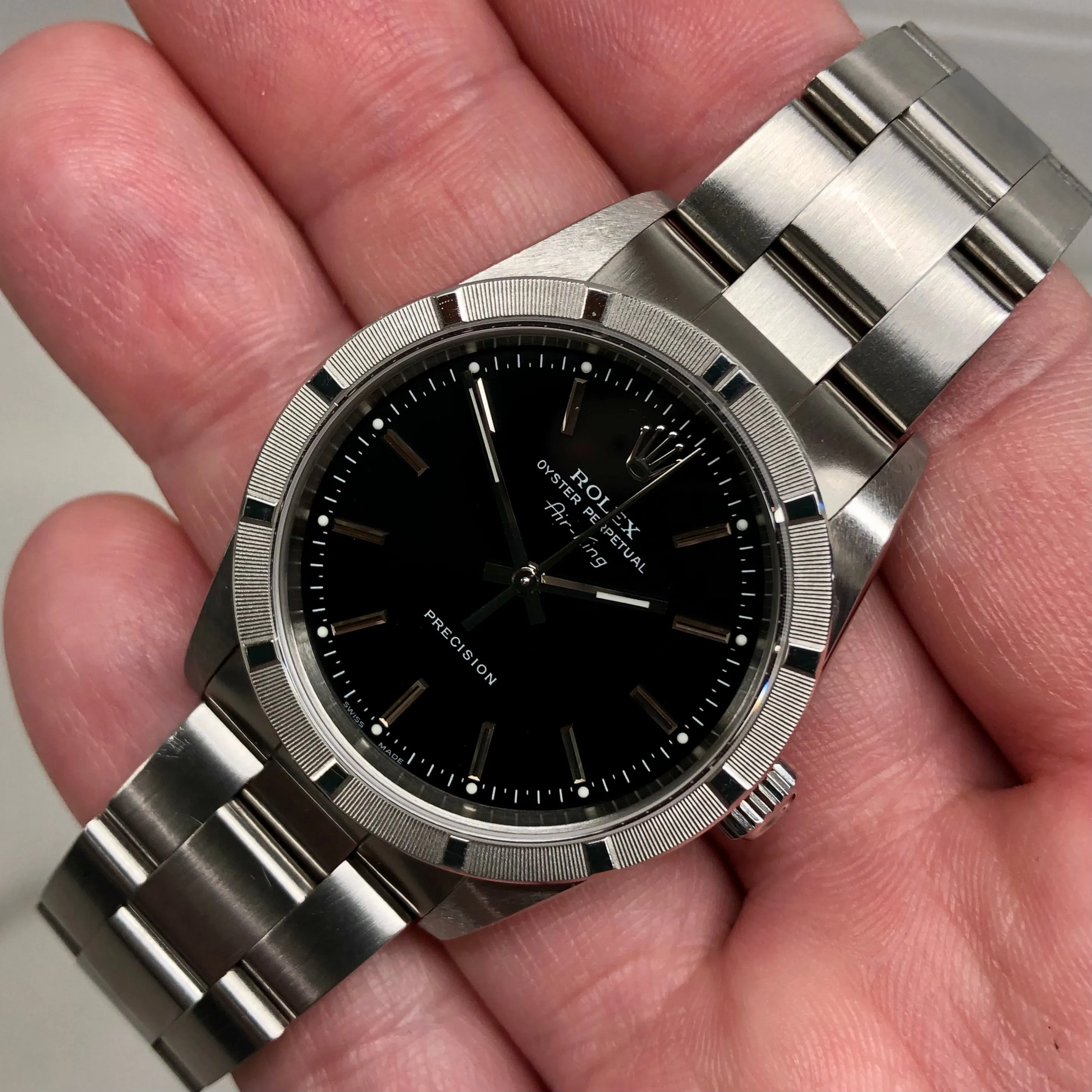 2004 Rolex Air King 14010M Black Dial Oyster Engine Turned Automatic Wristwatch