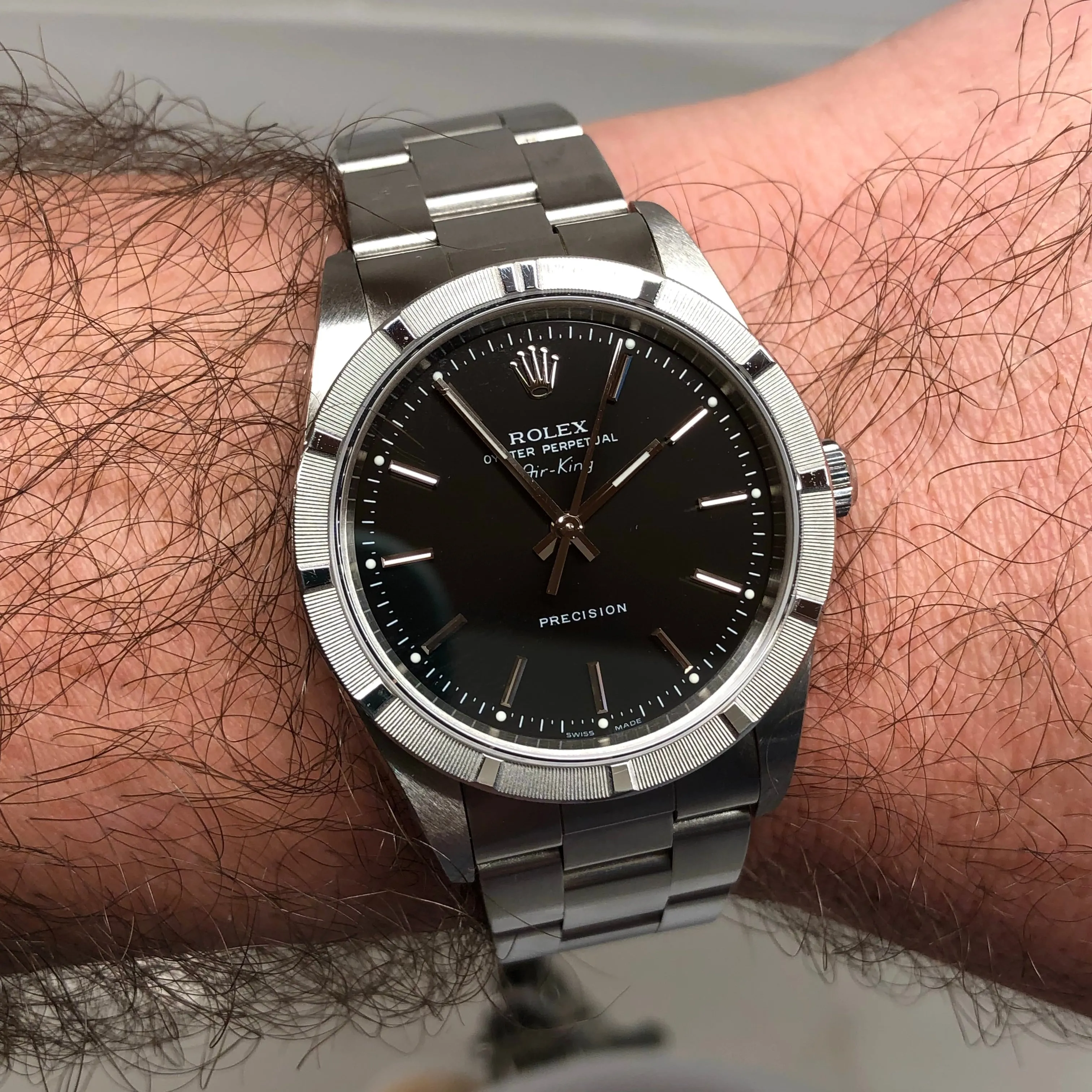 2004 Rolex Air King 14010M Black Dial Oyster Engine Turned Automatic Wristwatch