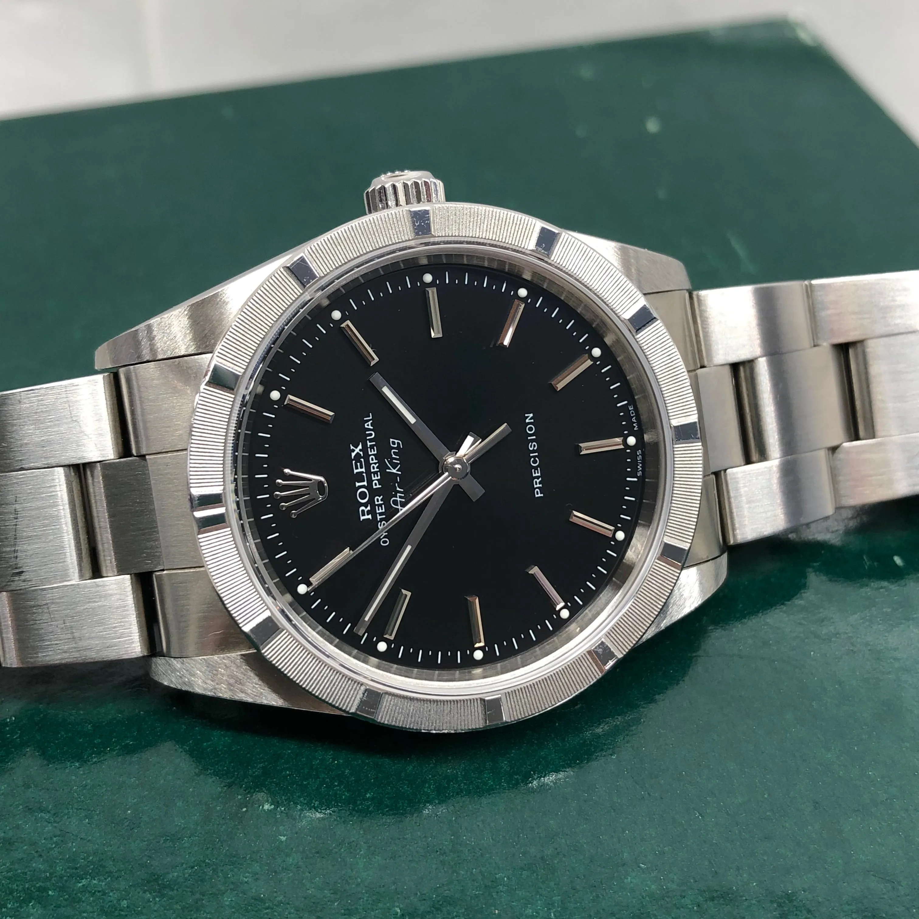 2004 Rolex Air King 14010M Black Dial Oyster Engine Turned Automatic Wristwatch