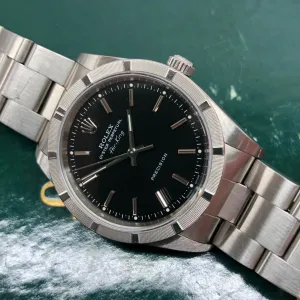 2004 Rolex Air King 14010M Black Dial Oyster Engine Turned Automatic Wristwatch