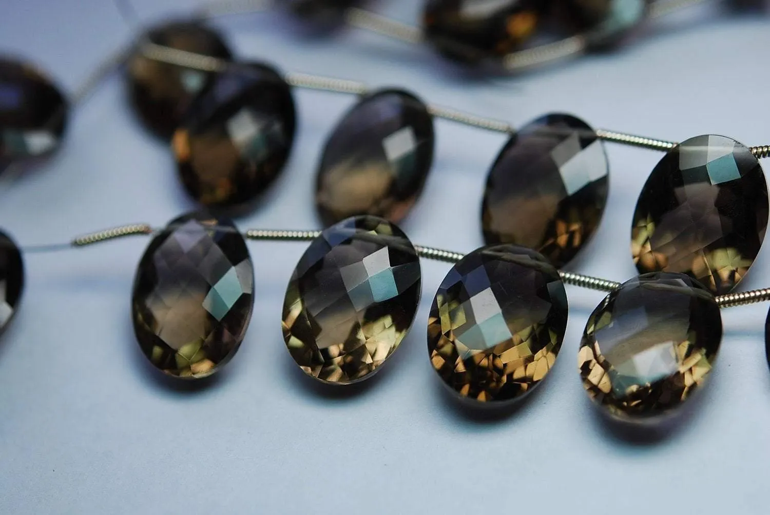 3 Matched Pair Smoky Quartz Faceted Checker Cut Ovel Shape Briolettes, 12-16mm