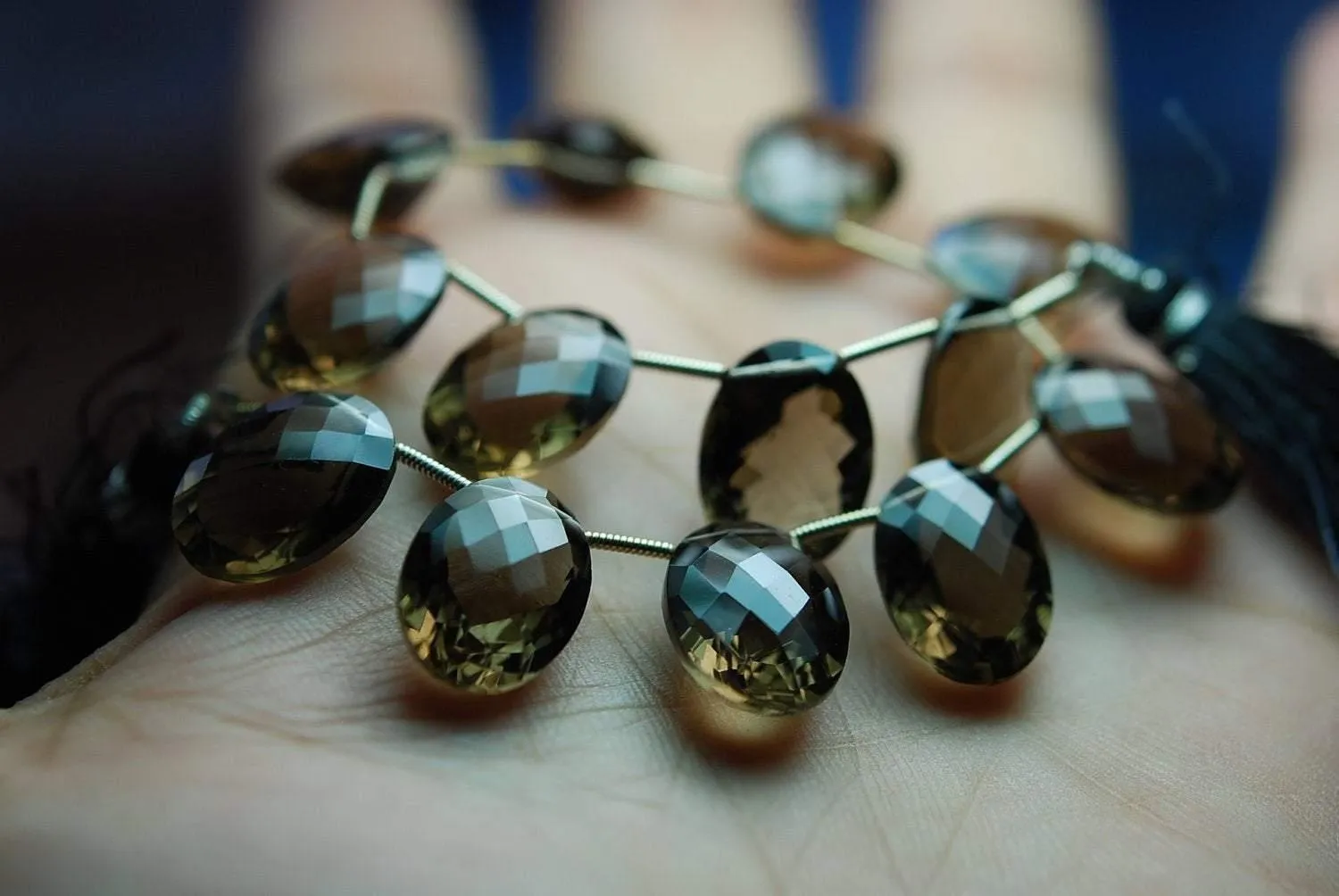 3 Matched Pair Smoky Quartz Faceted Checker Cut Ovel Shape Briolettes, 12-16mm