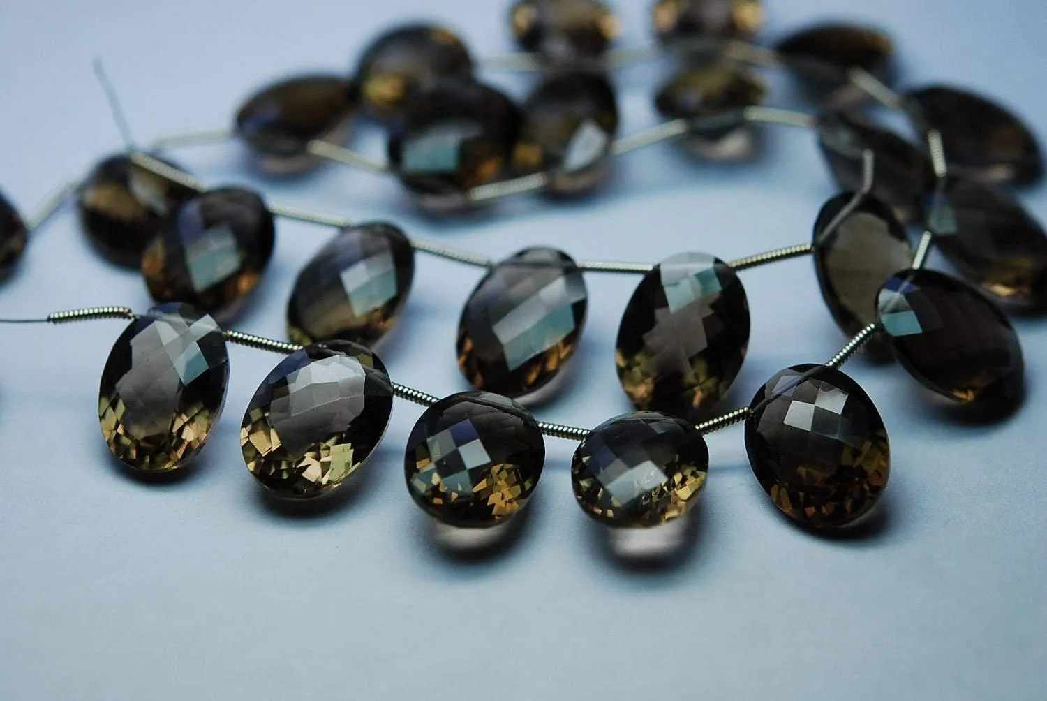 3 Matched Pair Smoky Quartz Faceted Checker Cut Ovel Shape Briolettes, 12-16mm