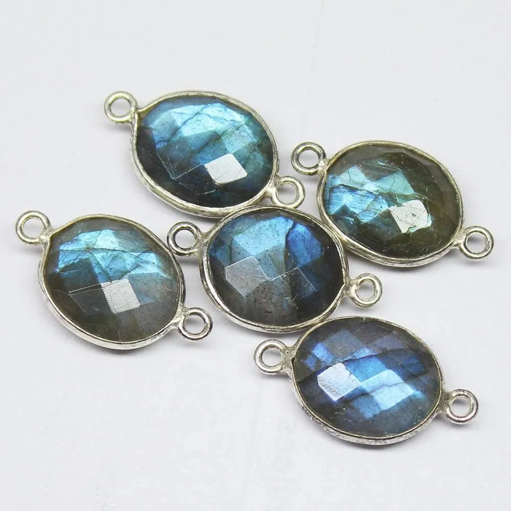 5pc Natural Blue Flash Labradorite Oval Checker 925 Sterling Silver Connector