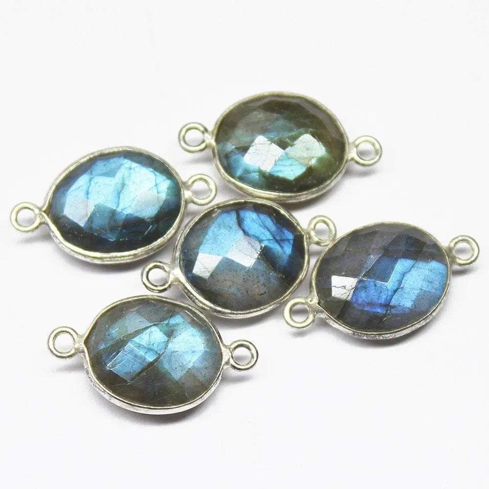 5pc Natural Blue Flash Labradorite Oval Checker 925 Sterling Silver Connector