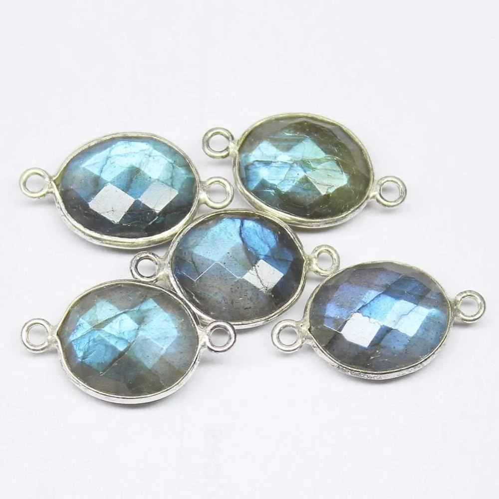 5pc Natural Blue Flash Labradorite Oval Checker 925 Sterling Silver Connector
