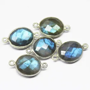 5pc Natural Blue Flash Labradorite Oval Checker 925 Sterling Silver Connector