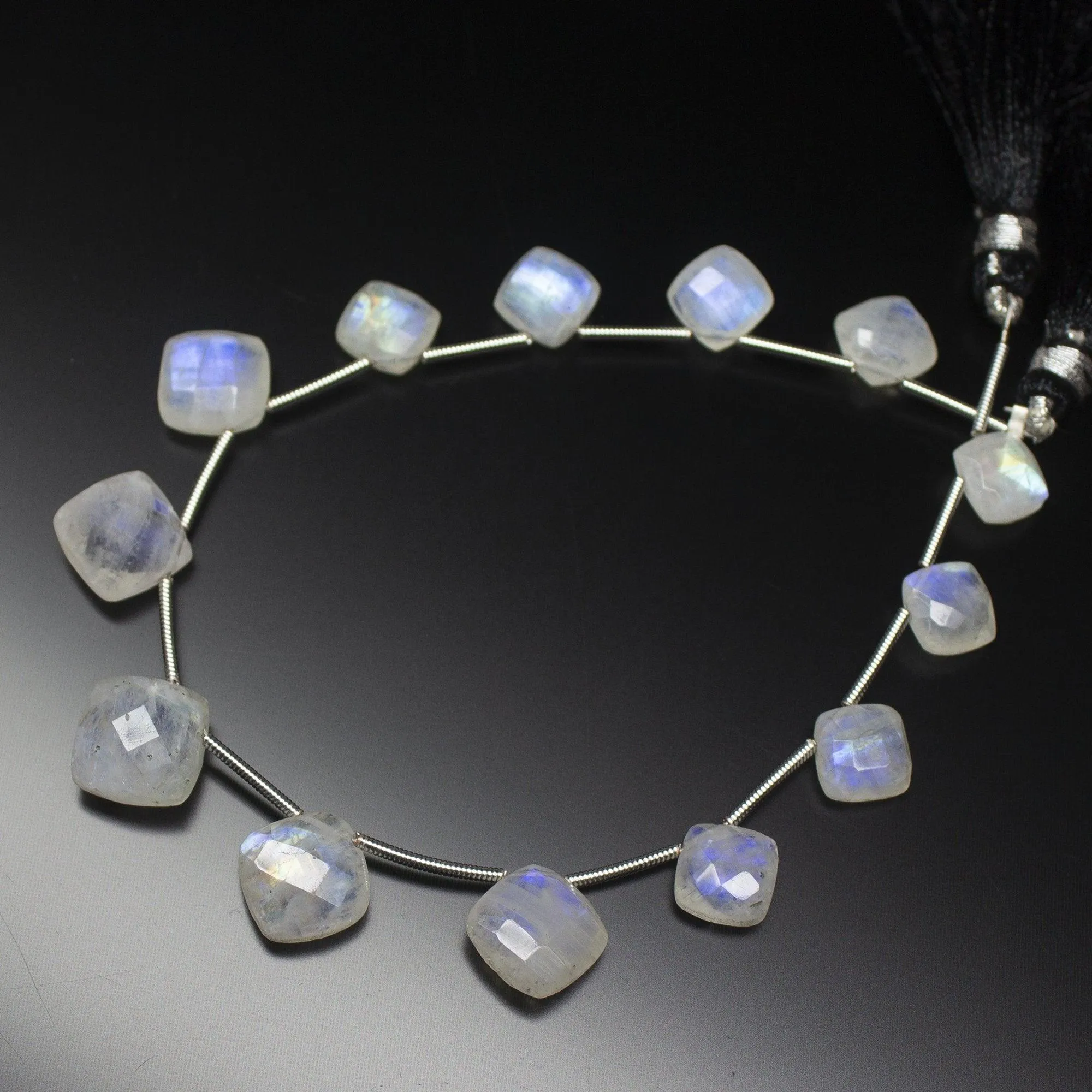 7 inches, 10-13mm, Rainbow Blue Moonstone Faceted Cushion Checker Briolette Loose Gemstone Beads
