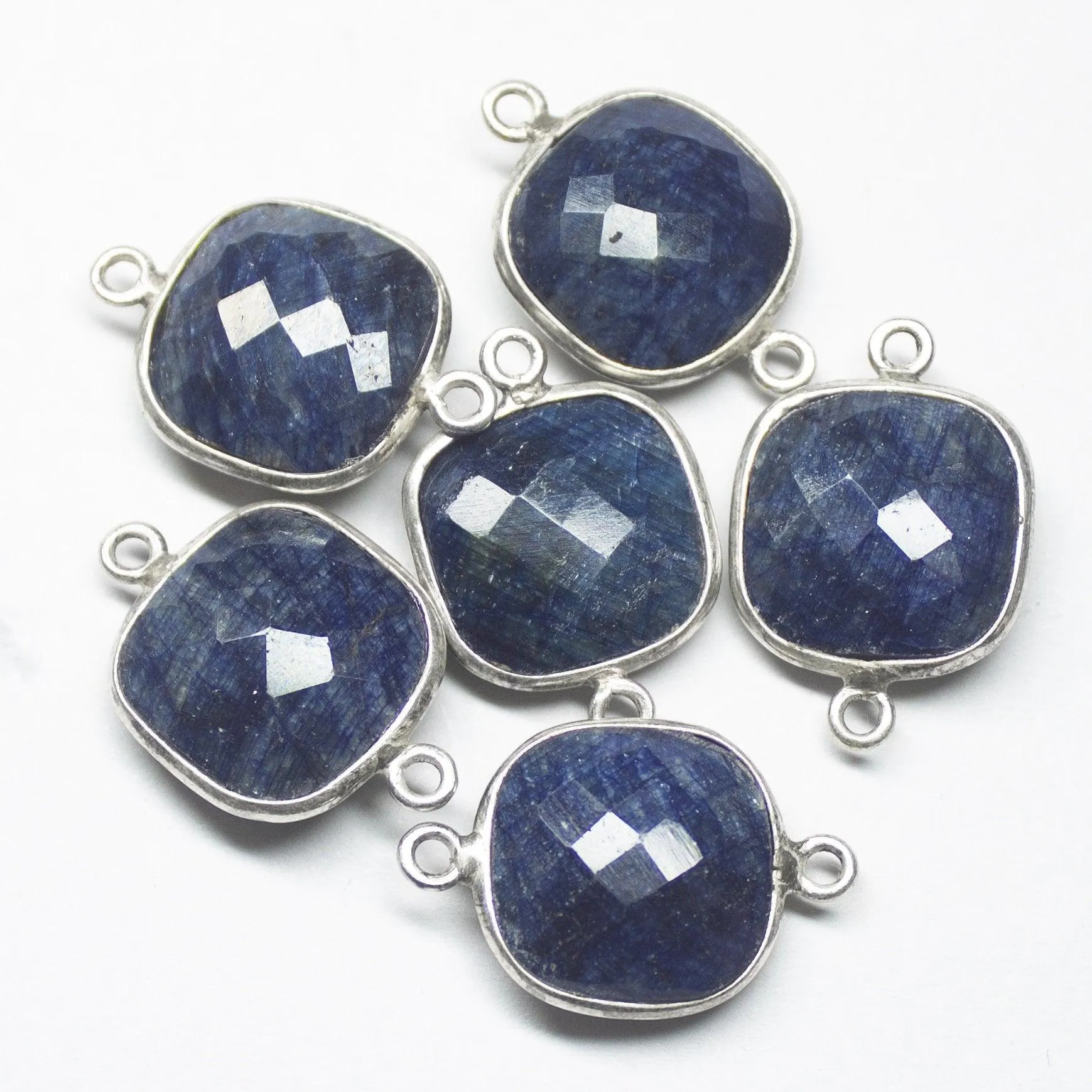 925 Sterling Silver, Blue Sapphire Checker Cushion Shape Connector, 1 Piece Of 24mm approx