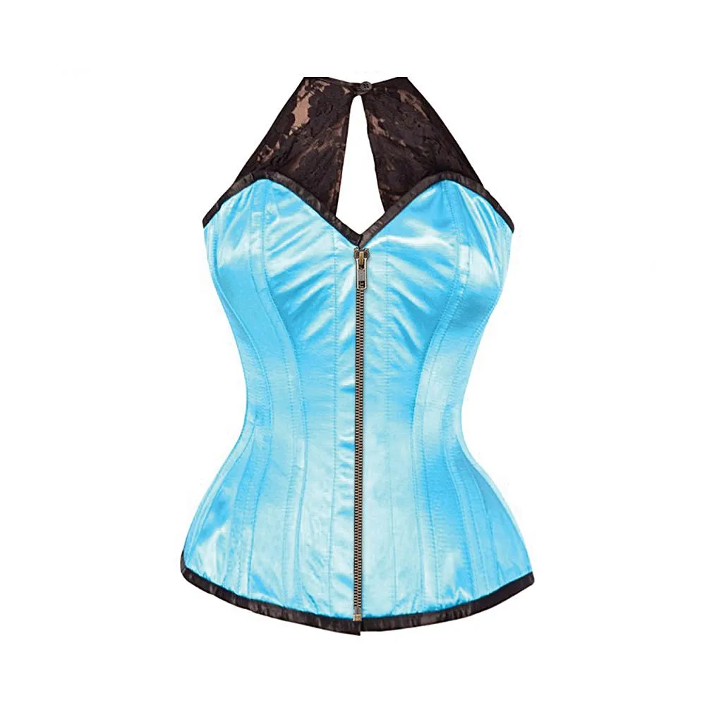 Allicce Turquoise Satin Corset with Lace Halterneck