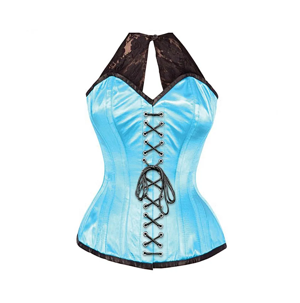 Allicce Turquoise Satin Corset with Lace Halterneck