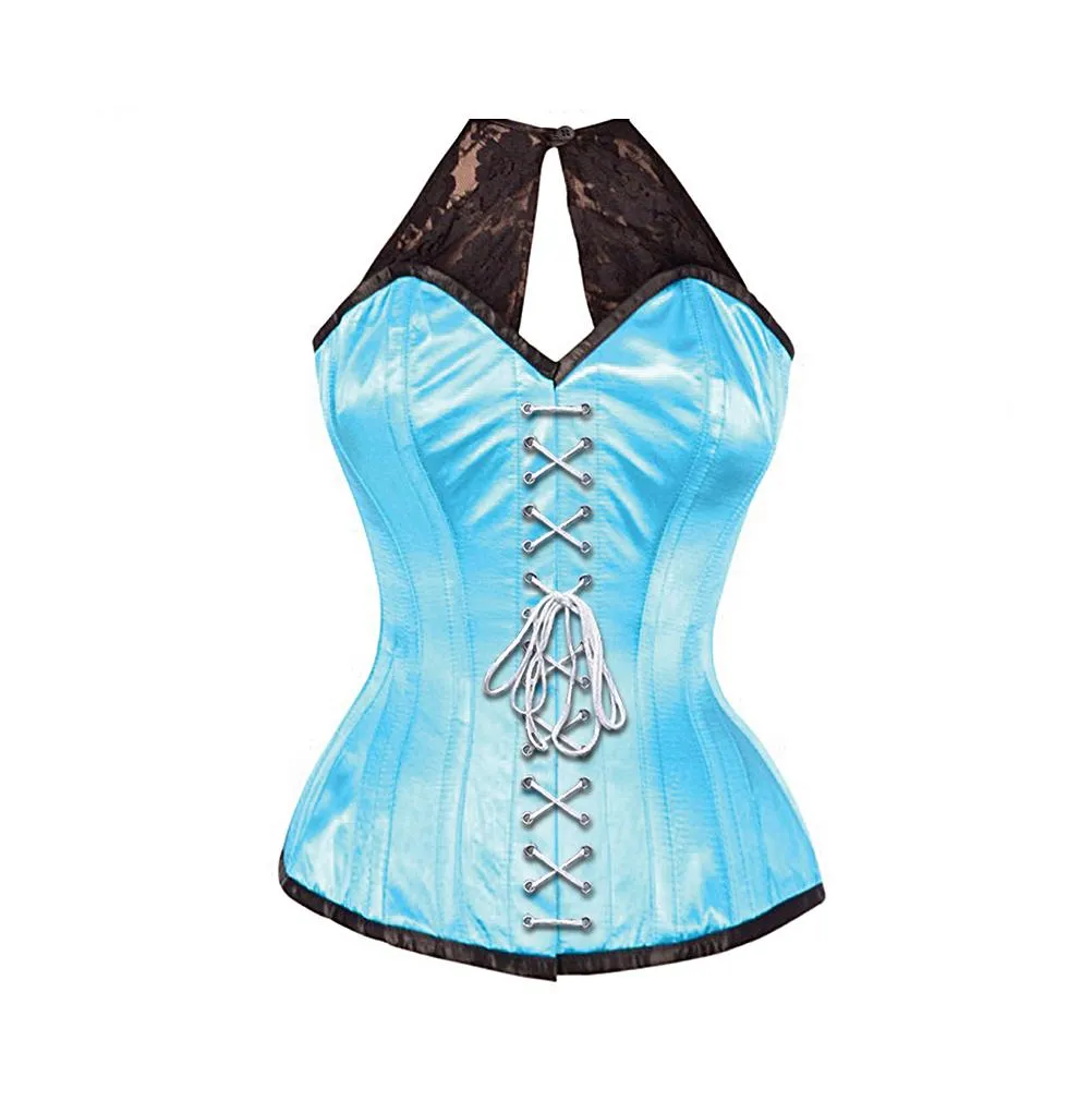 Allicce Turquoise Satin Corset with Lace Halterneck