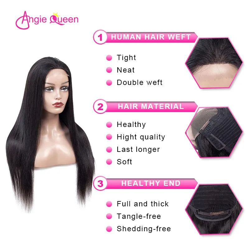 Angie Queen 4*4 Lace Closure Wigs Brazilian Straight Human Hair Wigs 180% Density Pre-plucked