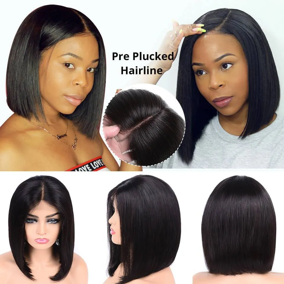 Angie Queen Bob Lace Wigs Peruvian Straight Human Hair Wigs Pre-plucked