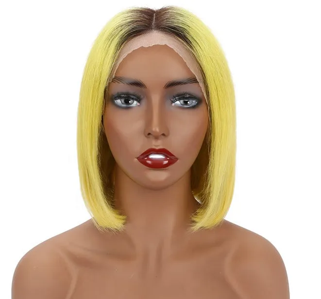 Angie Queen T1b/Yellow Straight Middle Part Frontal Lace Bob Wig