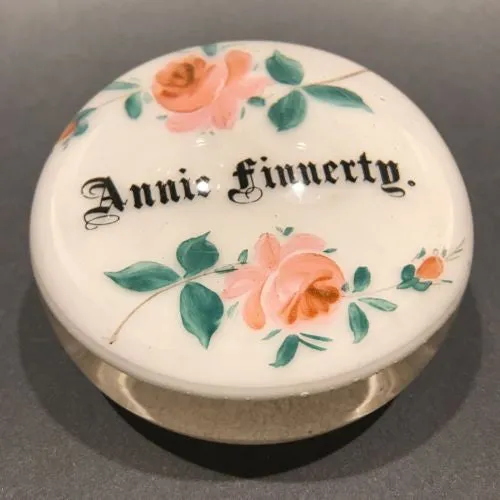 Antique Albert Graeser Art Glass Paperweight Hand painted Rose Name Plaque